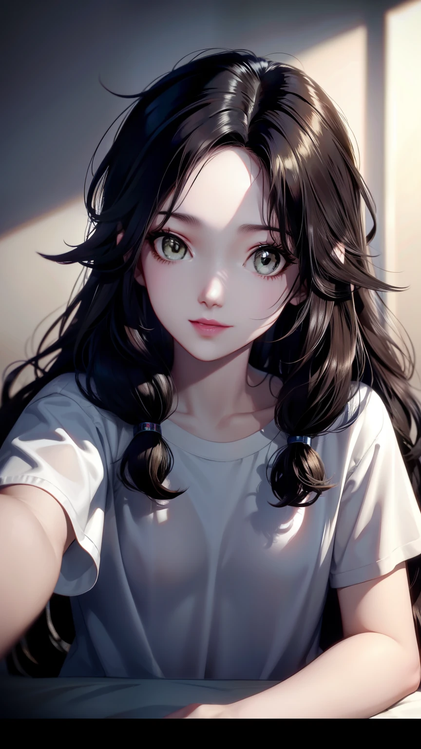 American girl of 18, video gamer, wearing translucent short T-shirt, black hair, ((blush: 0.8)), natural skin texture, 4K textures, highly detailed, insane details, faint colors , ((long wavy hair)), ((smile on face: 0.4)), (no panties: 0.2), ((looking directly at the camera)), ((tilted head: 0.8 )), ((small breasts:1)).  