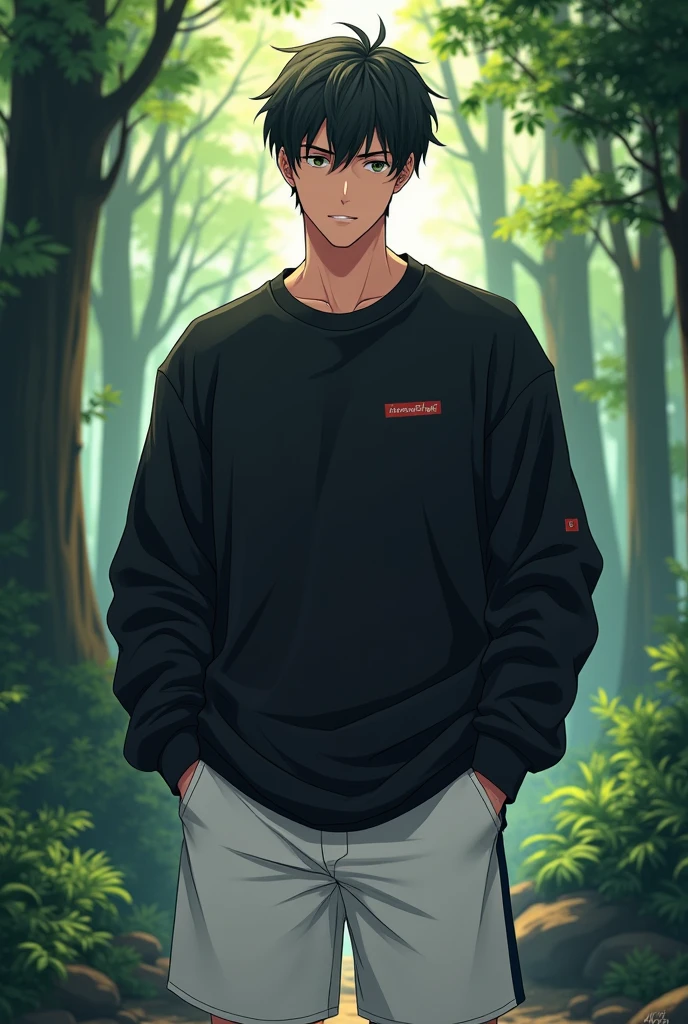 naughty man,smooth face like anime,black sweatshirt,White shorts,look of confidence,background of a forest.