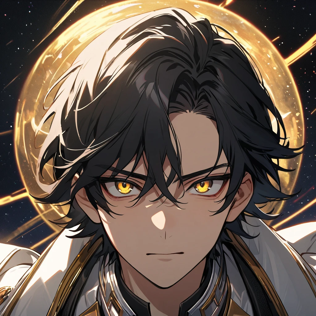 High quality, HD, 4k, no shadows, handsome male, handsome, 1male, 17 years old, teenager, jet black hair, short black hair, dark hair, black hair, jet black hair, sharp eyes, deep gold colored eyes, dark golden colored eyes, deep gold eyes, gold eyes, devil may cry, close up, calm expression, stoic expression, black leather clothes, white leather clothing, lean body, well trained body, upper body, looking at viewer, cowboy shot, white solar, space background