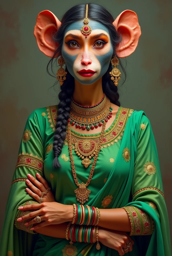 A full size portrait of indian woman standing (with monkey face )wearing green colour traditional rajasthani outfit with bangles in hand and bindi on forehead and lipstick on the lips and dupatta on head