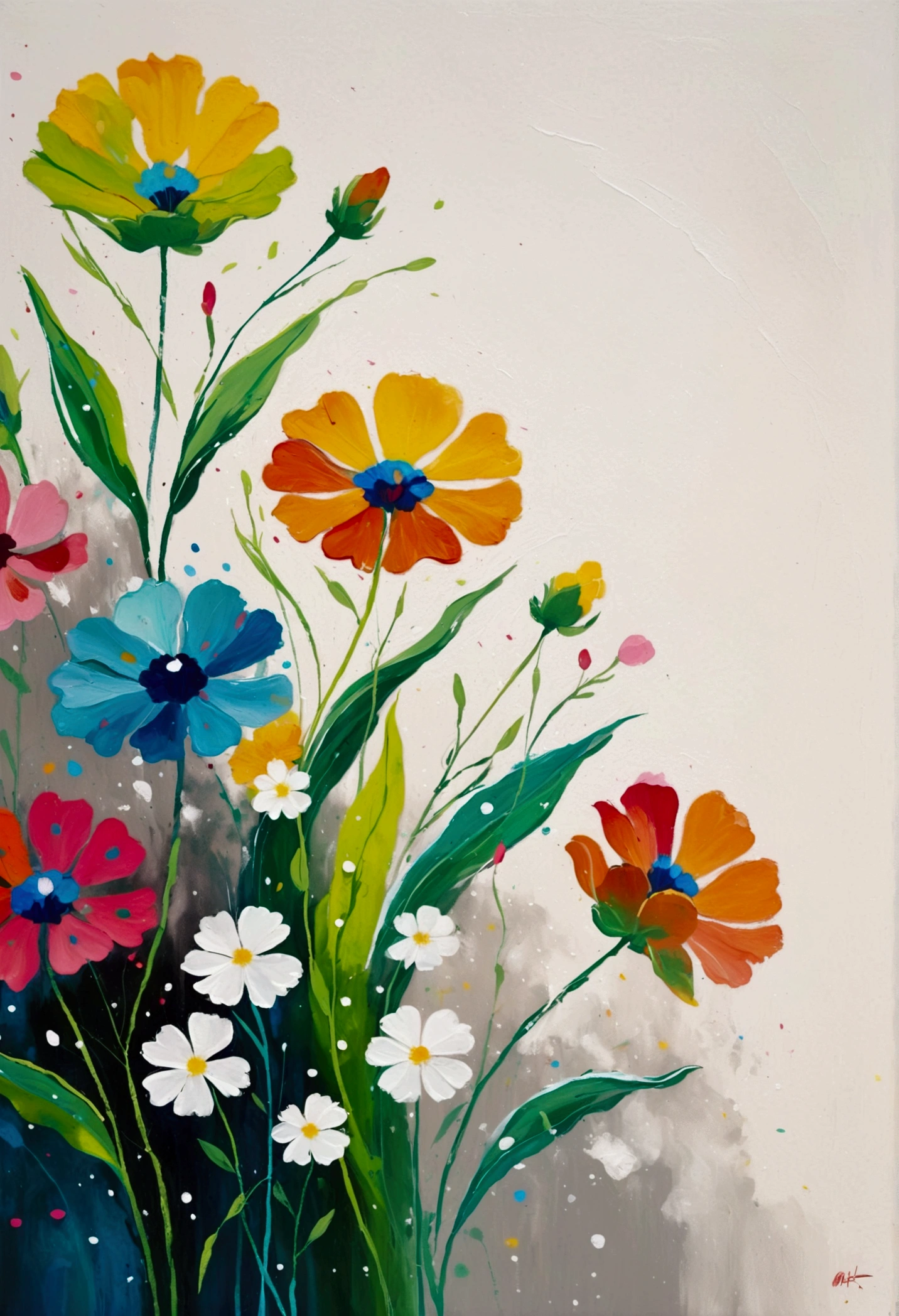 Fluid smudge painting,Dot,Colorful flowers,Minimalism,Inspired by the coronavirus。(((Negative Space,Large area of blank, Bottom left corner composition))).Hot,Art work