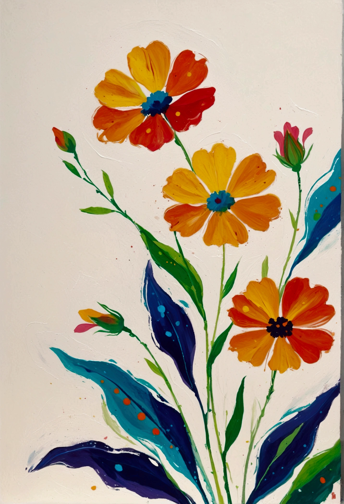 Fluid smudge painting,Dot,Colorful flowers,Minimalism,Inspired by the coronavirus。(((Negative Space,Large area of blank, Bottom left corner composition))).Hot,Art work