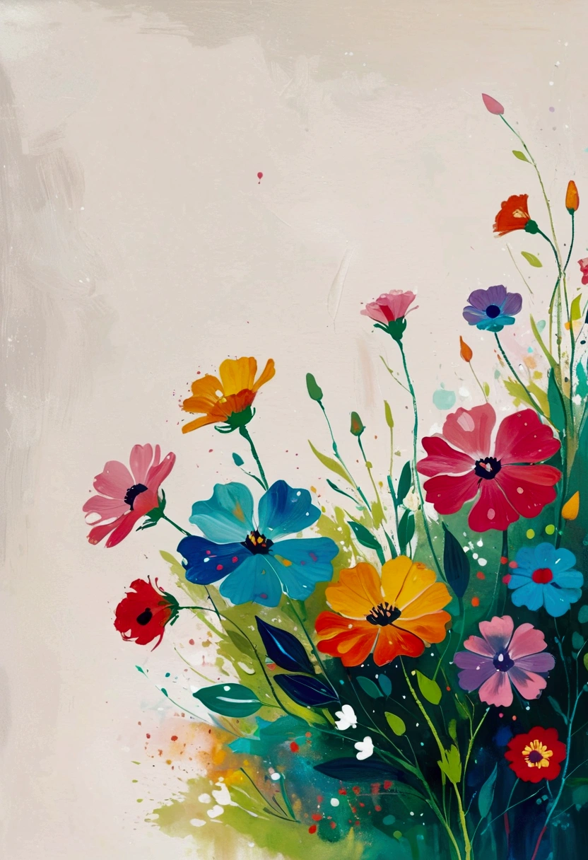 Fluid smudge painting,Dot,Colorful flowers,Minimalism,Inspired by the coronavirus。(((Negative Space,Large area of blank, Bottom left corner composition))).Hot,Art work