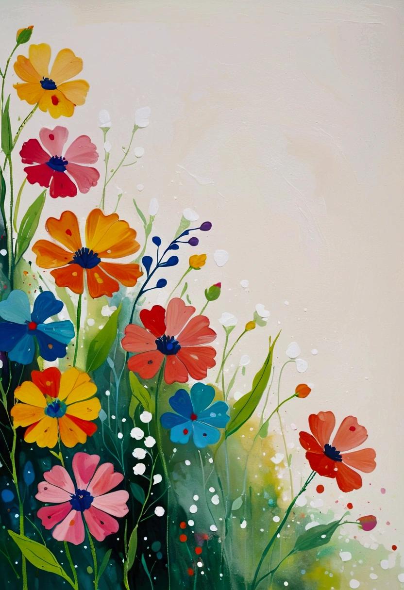 Fluid smudge painting，Dot，Colorful flowers，Minimalism，Inspired by the coronavirus。(((Negative Space,Large area of blank, Bottom left corner composition))).Hot，Art work