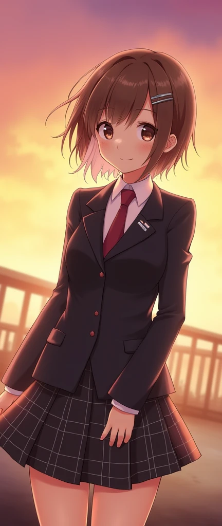 one girl, anime girl, cool, noble, jacket, plaid skirt, necktie, hair clip, proudly, slender, sunset, beautiful, boyish, short hair