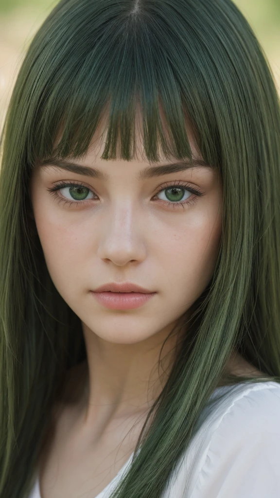 face portrait. a girl. european. extremely detailed face. oval face. delicate features. deep sadness. half-closed eyes. green eyes. long, straight, very thick hair. green hair. frontal. outdoors