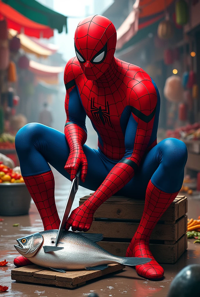 Spider man sitting at Indian vegetable market, cutting fish
