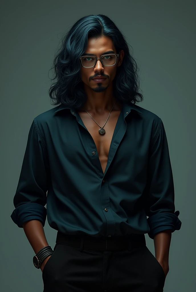 1 man, dark skin, long dark blue hair, square glasses, green eyes, hand in pocket, black pants, dragon ball style, dramatic lighting, cinematic composition, hyperrealistic, 8k, extremely detailed, high quality, photorealistic, studio lighting, ultra-detailed, dynamic pose, intricate details, vibrant colors, dramatic shadows