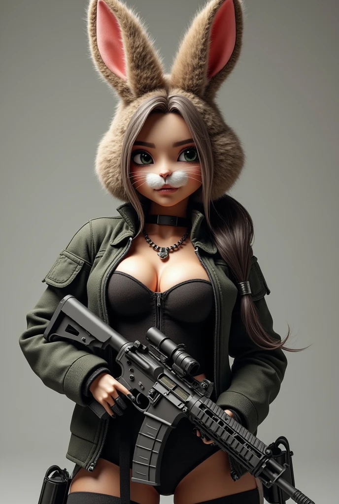 sexy furry rabbit girl, tactical gear, 3d model