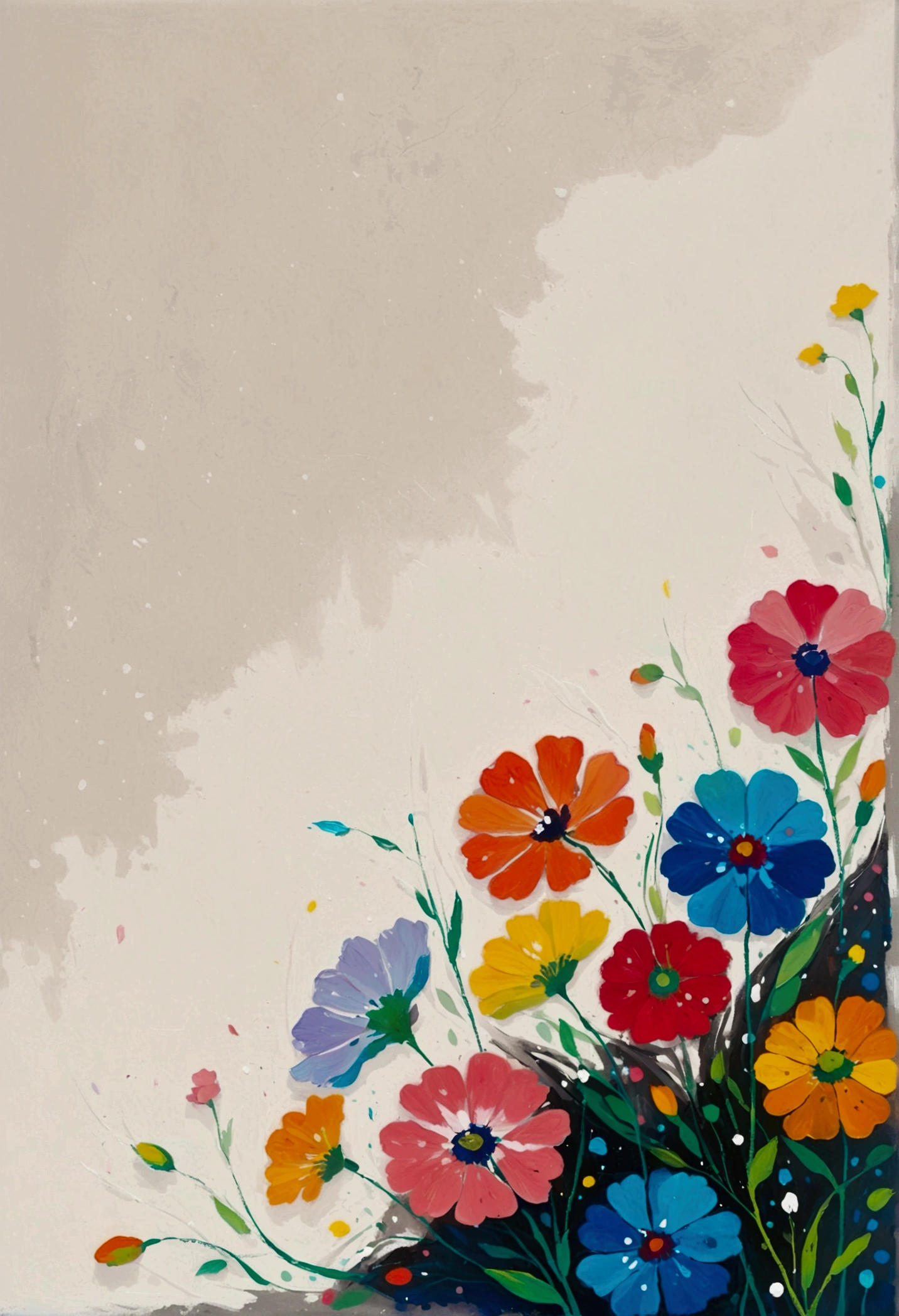 Fluid smudge painting，Dot，Colorful flowers，Minimalism，Inspired by the coronavirus。(((Negative Space,Large area of blank, Bottom left corner composition)))