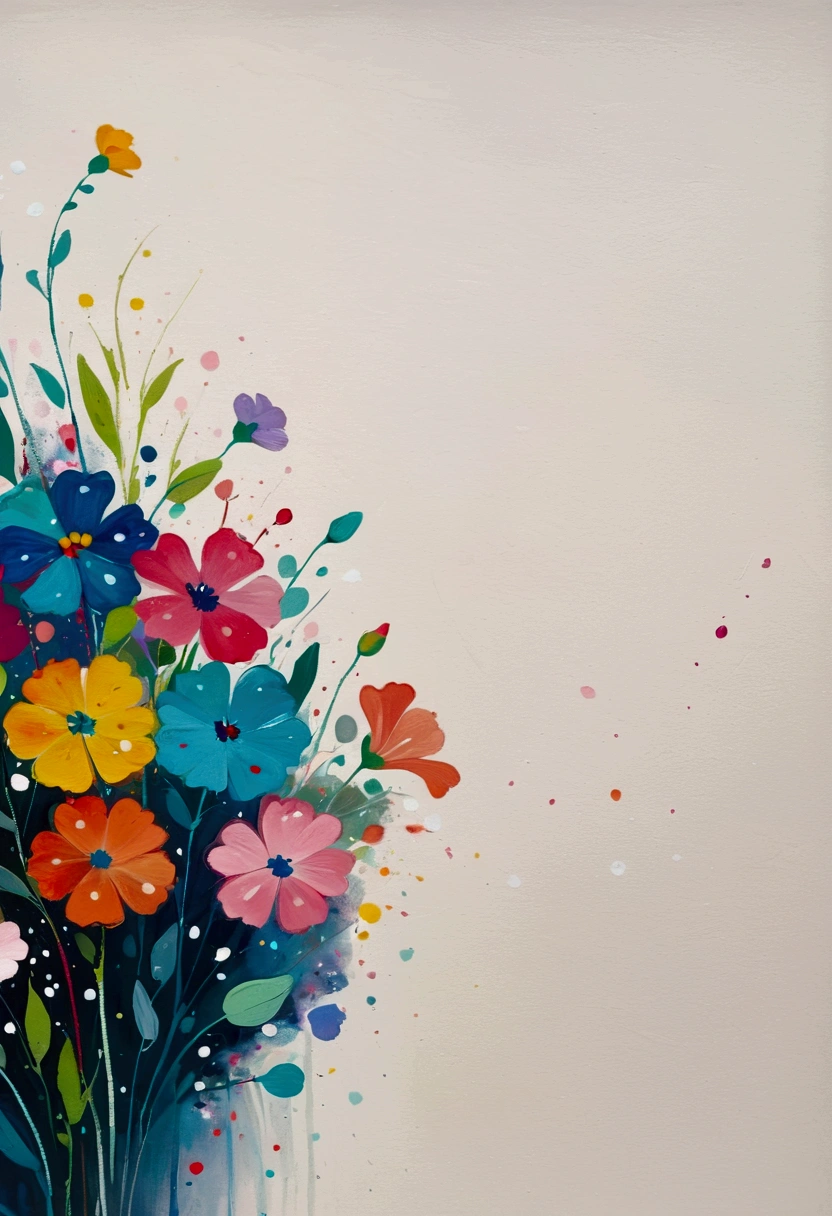 Fluid smudge painting,Dot,Colorful flowers,Minimalism,Inspired by the coronavirus。(((Negative Space,Large area of blank, Bottom left corner composition)))