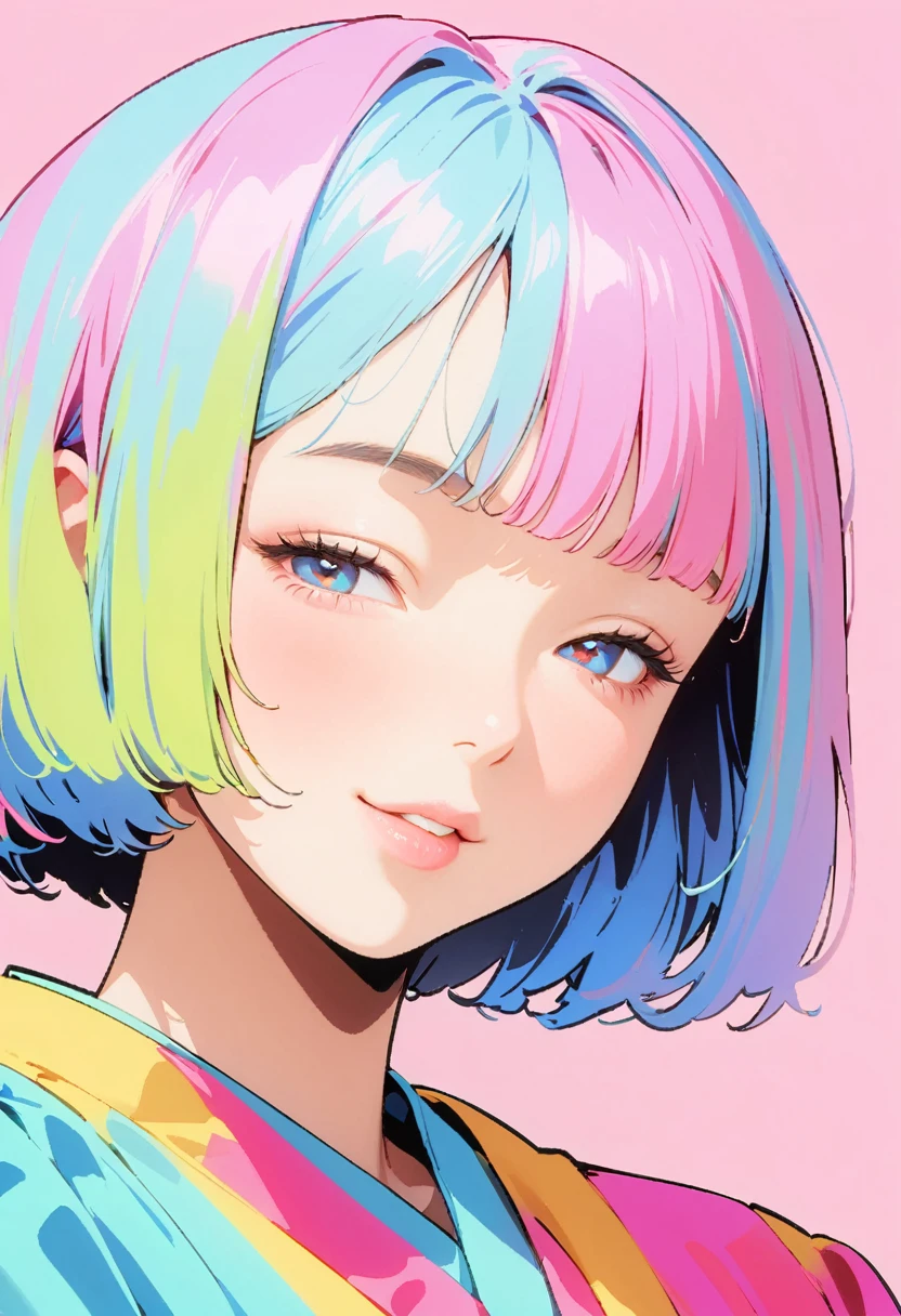 (Highest quality:1.2, City Pop Style, Very detailed, Latest, Vibrant, High Contrast, masterpiece:1.2, Highest quality, Best aesthetics), girl, ((Face Up Shot:1.4)), Colorful Hair, Bobcut, Disheveled Hair, pastel colour, smile, Sticking out tongue, 1980s style, ((Retro, Vintage, Plain background))