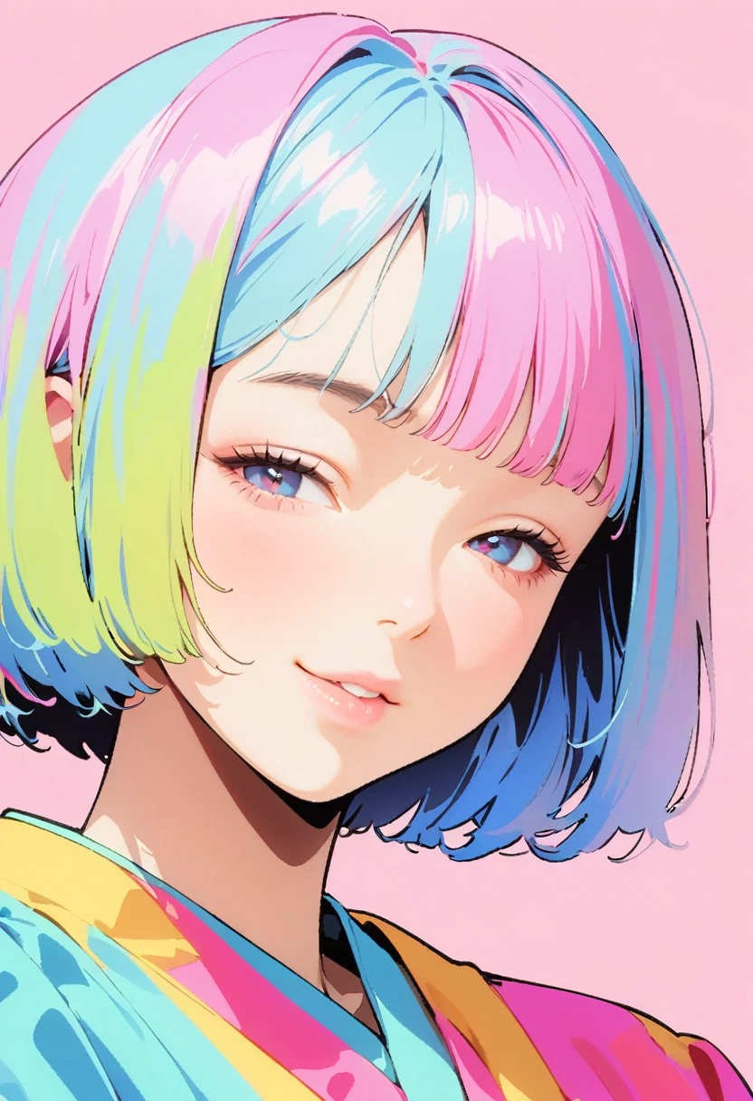 (Highest quality:1.2, City Pop Style, Very detailed, Latest, Vibrant, High Contrast, masterpiece:1.2, Highest quality, Best aesthetics), girl, ((Face Up Shot:1.4)), Colorful Hair, Bobcut, Disheveled Hair, pastel colour, smile, Sticking out tongue, 1980s style, ((Retro, Vintage, Plain background))