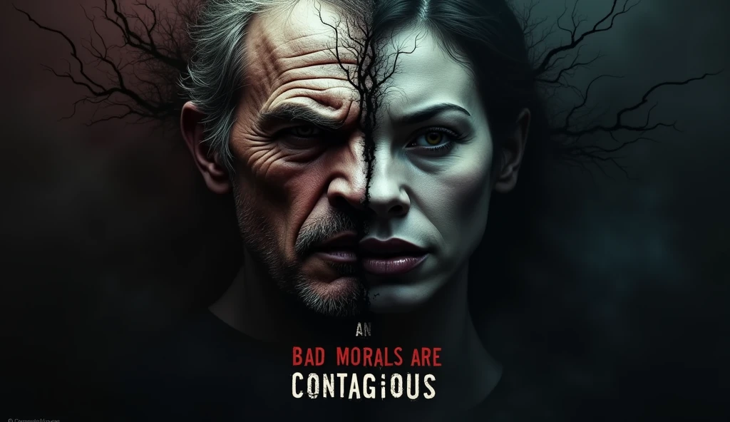 *Main Visuals:**
- Image of two human faces, one with a negative facial expression (like angry or frowning) which is dominant, on the left side, and another on the right side which was initially neutral but begins to change following the negative expression.
- Display the visual effect of 'spreading' from the negative face to the neutral face, like dark shadows or fine cracks leading from one face to the other.
2. **Color and Contrast:**
- Use dark and sharp colors (like black, dark red, or dark gray) around the negative face to create a tense atmosphere.
- On the neutral face, use lighter but faded colors, as if losing light due to being affected by negativity.
3. **Prominent Text:**
- Add text "Bad Morals Are Contagious" with bold and sharp font. Use contrasting colors like white or yellow to ensure the text is clearly visible above the visual.
- Place the text in the center or bottom of the thumbnail, make sure it doesn't cover the main face, but still steals attention.
4. **Icon or Symbol:**
- Consider adding a small virus symbol or arrow pointing from the negative face to the neutral face, to reinforce the concept of spreading.
5. **Layout:**
- Ensure the thumbnail composition is balanced, dengan wajah negatif on the left side dan wajah netral di sisi kanan, so that the viewer's eyes are drawn to see the 'spreading' path from one side to the other."