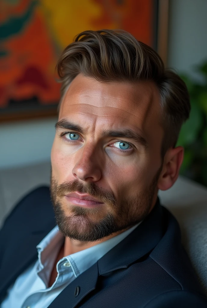 a 39-year-old white man, model type, blue colored eyes, sitting on a sofa in a room with an abstract painting. The photo needs to show his eyes well.