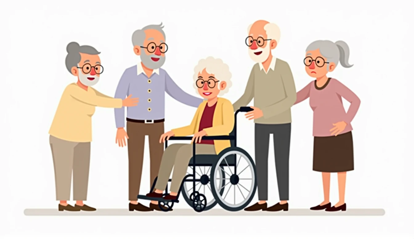 Group of old people on a white background. An elderly woman is sitting in a wheelchair