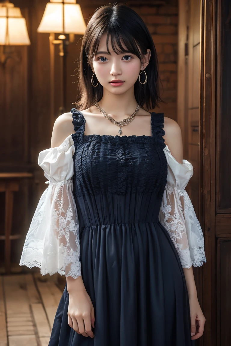 (Highest quality:1.4),(masterpiece:1.4),(Realistic:1.4),(Realistic:1.2),(超High resolution, RAW Photos:1.4),(High resolution, Ultra-detailed:1.2),(8k:1.2),View your viewers,Cinematic photography,One girl,skeletally correct,Black-haired woman,Woman in her early 20s,(Small earrings,necklace,Half-sleeve with frilled sleeves,Long dress),(Western-style building interior,Dimly lit room,The lamplight shines on my cheeks)
