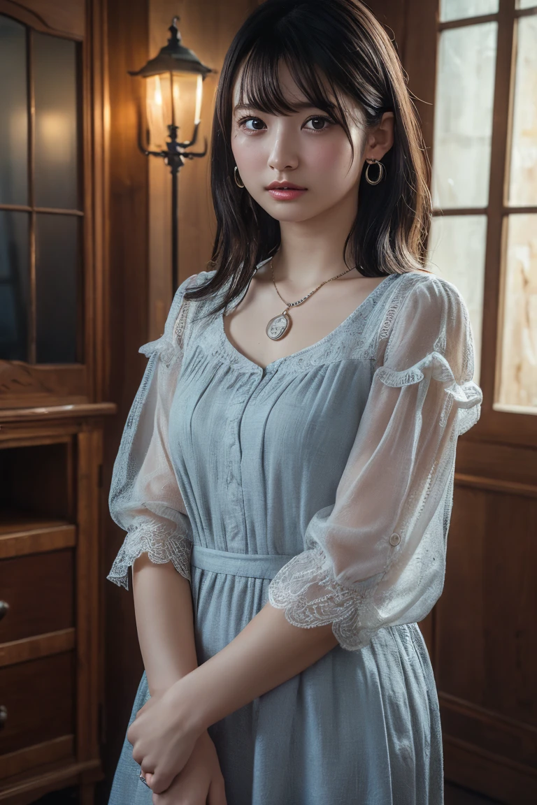 (Highest quality:1.4)，(masterpiece:1.4)，(Realistic:1.4)，(Realistic:1.2)，(超High resolution， RAW Photos:1.4)，(High resolution， Ultra-detailed:1.2)，(8k:1.2)，View your viewers，Cinematic photography，One girl，skeletally correct，Black-haired woman，Woman in her early 20s，(Small earrings，necklace，Half-sleeve with frilled sleeves，Long dress)，（Western-style building interior，Dimly lit room，The lamplight shines on my cheeks）
