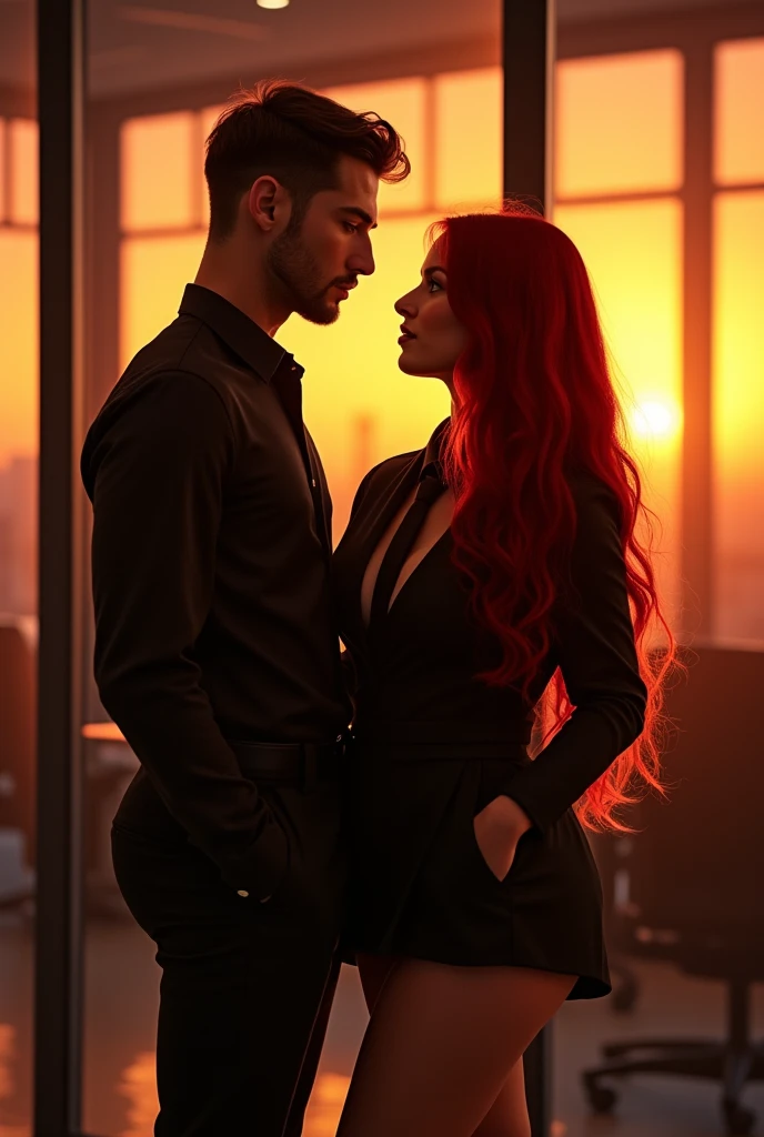 real photo of a girl next door with long red hair (ultra realistic 1.4k) , model girl with juicy figure and big breasts, Black uniform with tie, sexy top . A men near to the girl in a black uniform, black pantaloon. .In the background a loft office on the sunset. (movie image) realistic photo. ultra-realistic, photography, photo RAW,