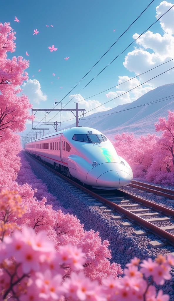 A Shinkansen train running on rainbow-colored tracks,colorful,beautiful flower,wonderful景色,Utopia,An atmosphere full of dreams and hope,masterpiece. 16K, Ultra-high resolution, Ultra-high resolution, to be born,wonderful ,future、Iridescent、The world 30 years from now。