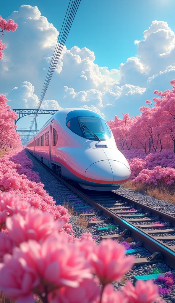 A Shinkansen train running on rainbow-colored tracks，colorful，beautiful flower，wonderful景色，Utopia，An atmosphere full of dreams and hope，masterpiece． 16K, Ultra-high resolution, Ultra-high resolution, to be born,wonderful ,future、Iridescent、The world 30 years from now。