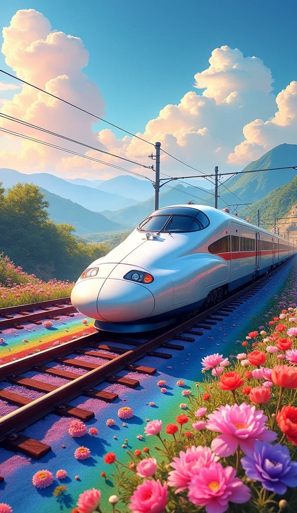 A Shinkansen train running on rainbow-colored tracks,colorful,beautiful flower,wonderful景色,Utopia,An atmosphere full of dreams and hope,masterpiece. 16K, Ultra-high resolution, Ultra-high resolution, to be born,wonderful ,future、Iridescent、The world 30 years from now。