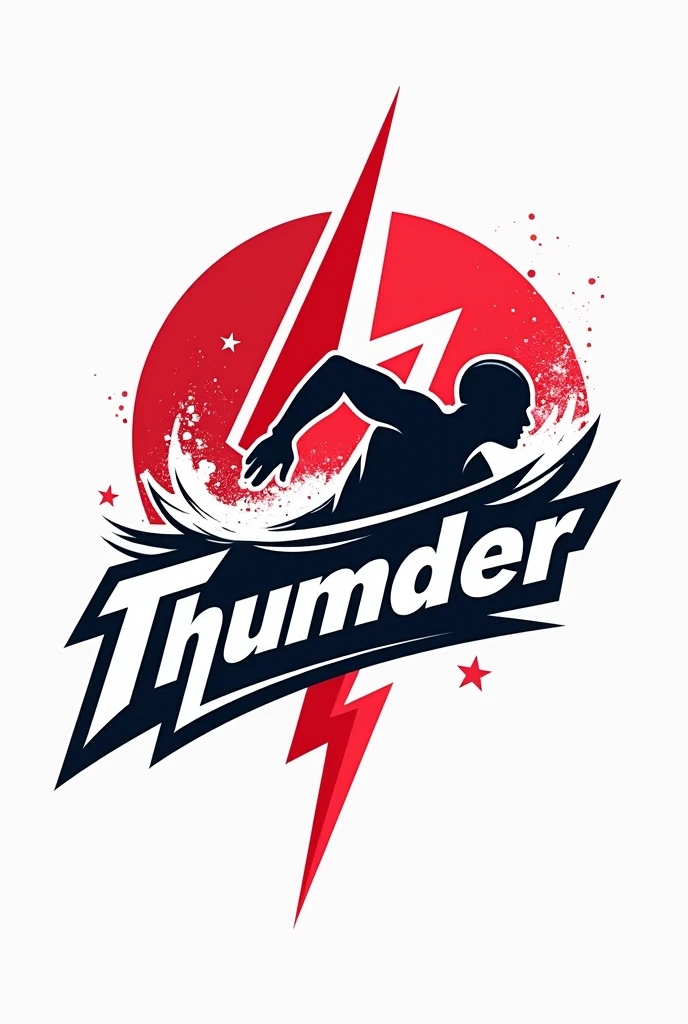 Design a logo for the swimming club 'Thunder' with a modern and dynamic aesthetic. Incorporate a lightning bolt and a swimmer in action, using a red and white color scheme. The text 'Thunder' should be part of the logo, blending with the visual elements to create a cohesive, energetic design