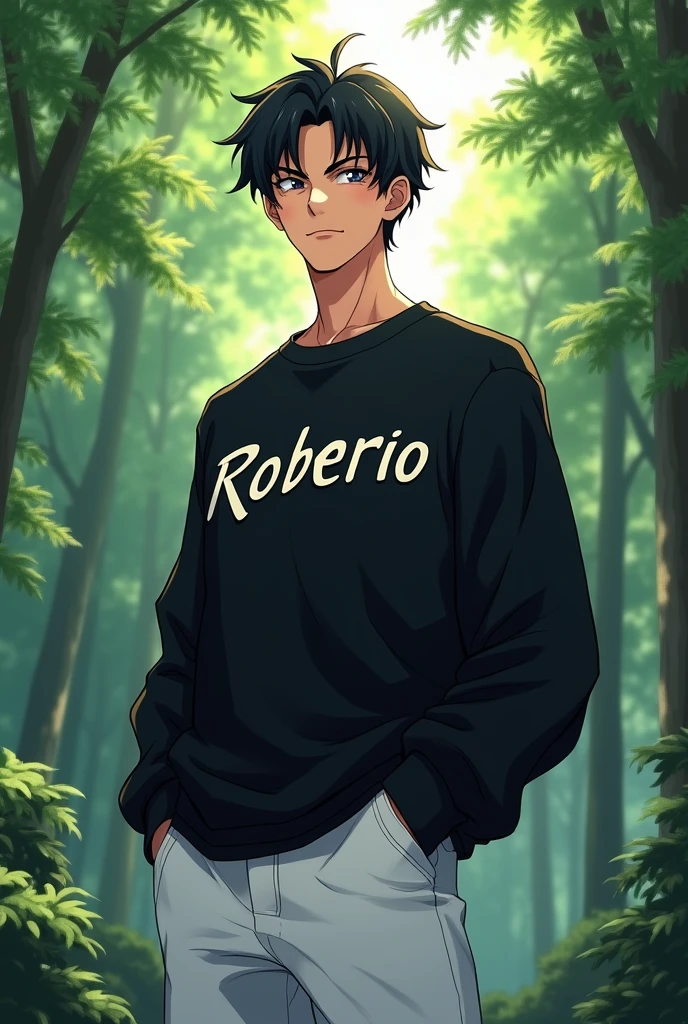 naughty man,smooth face like anime,black sweatshirt,Robério written on the sweatshirt,White shorts,look of confidence,background of a forest.