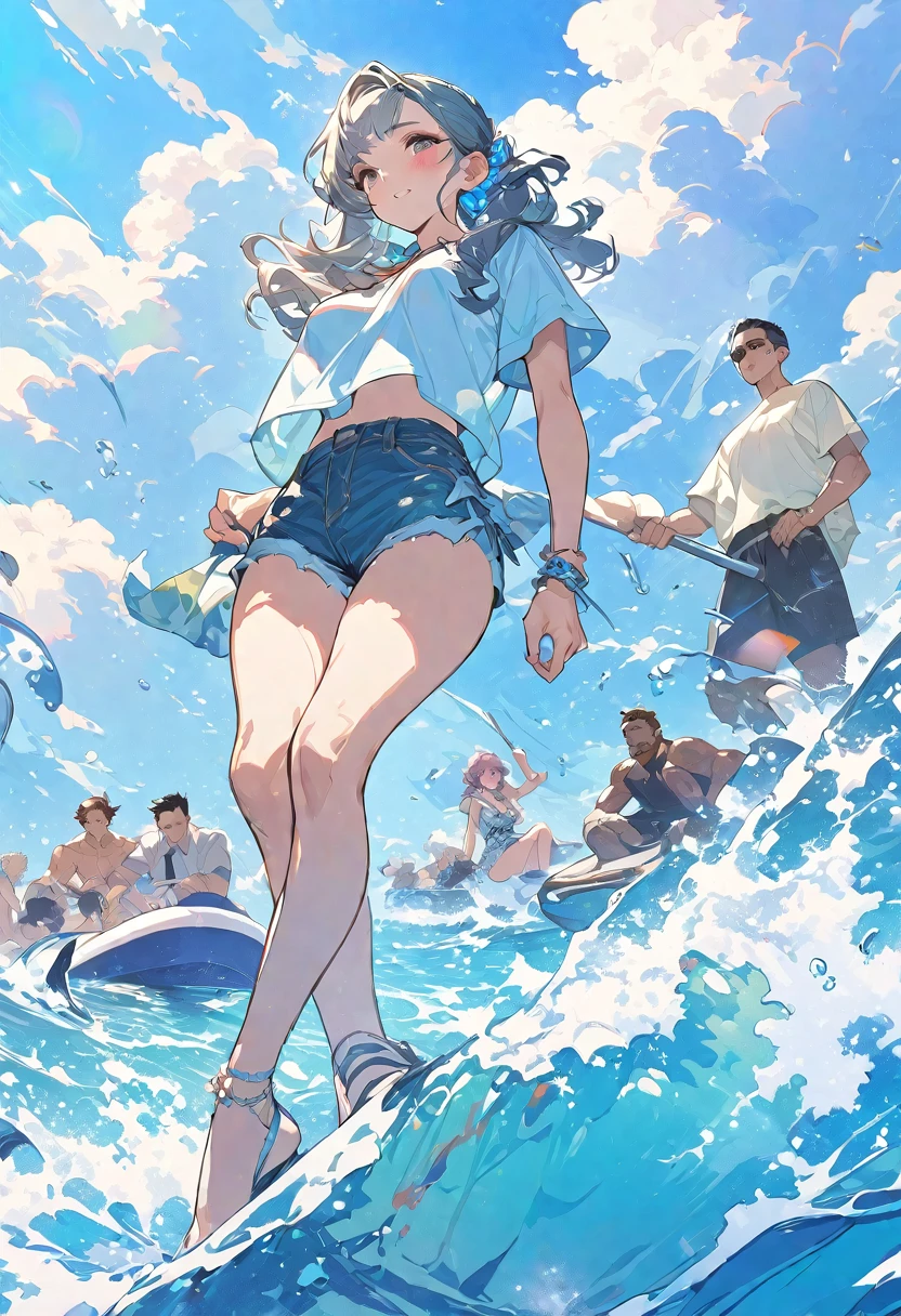 High quality illustrations,6 men and women（2 men,4 women）group, Group illustration,Cool, Summer vacation, Ocean, Detailed Art, beautiful painting style, The Style, masterpiece, Top Quality, Highest quality, Ultra-high resolution