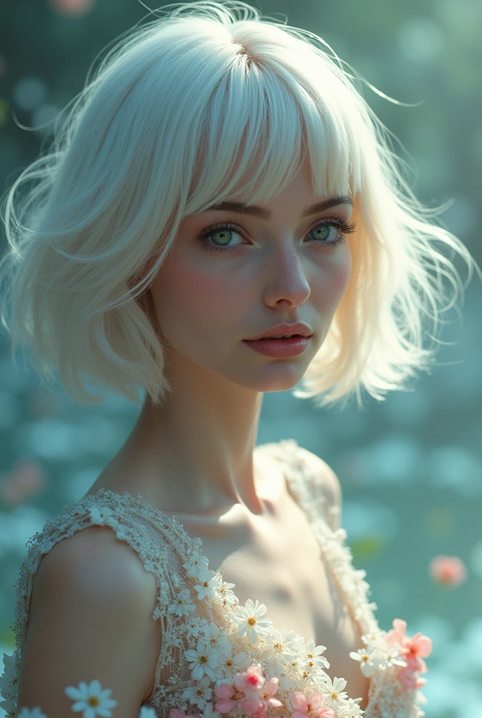 Long bob hair with colorless translucent hair。Mysterious multicolored eyes。A beautiful and glamorous woman of a certain age, like the goddess of spring.。