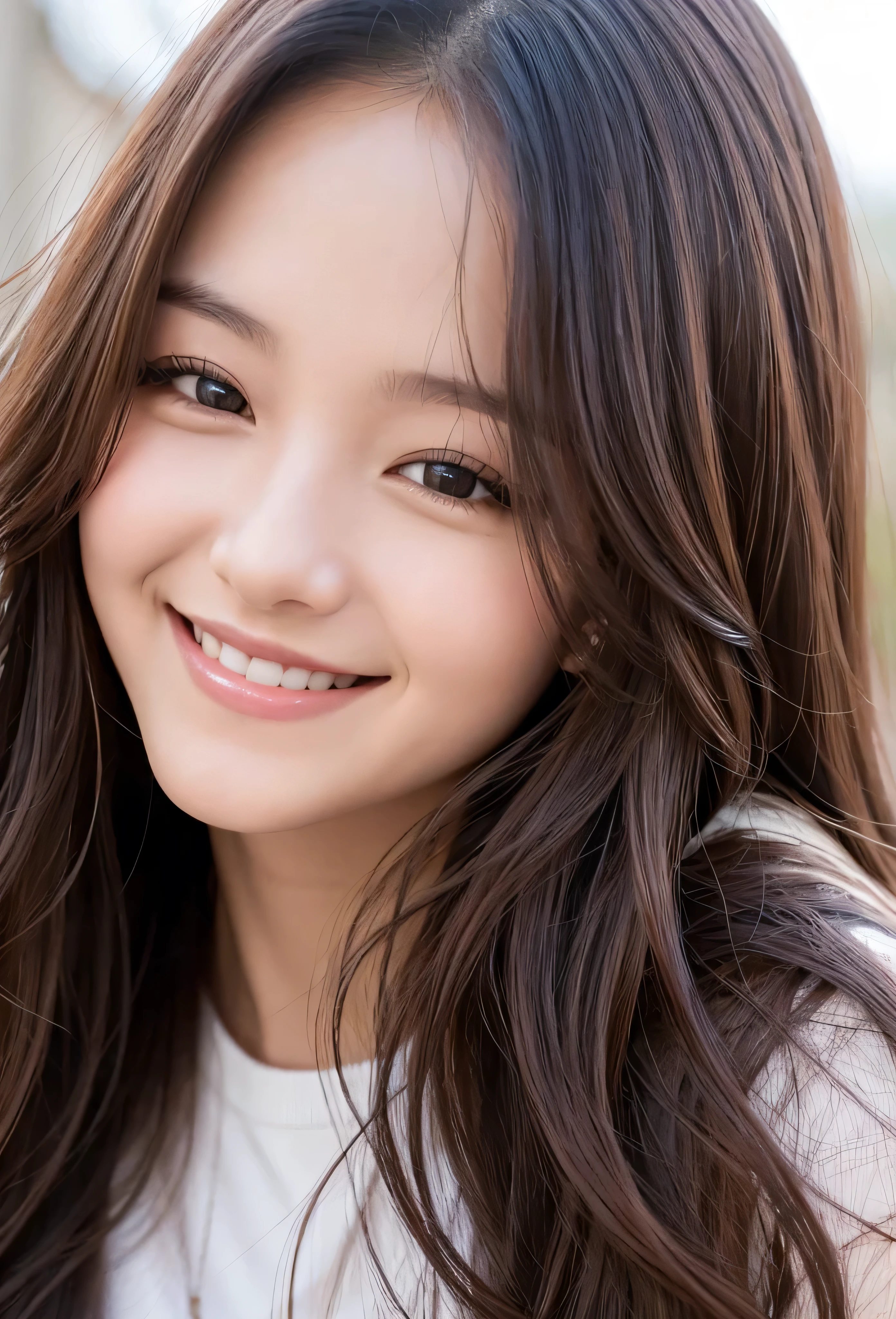 Close up of smiling woman with long hair, TWICE&#39;s Tzuyu, Larisa Manovar, Cute Korean Actresses, Beautiful Korean Women, Beautiful young Korean woman, Young and adorable Korean face, Gorgeous Young Korean Woman, Lalisa Manoban of Blackpink, Portraits of Korean female idols, Bae Suzy, South Korean actress, Korean Girls, Photograph the whole body, (((32k image quality))), (((RAW Photos))), (Highest quality, detailed:1.2), Photorealistic, (Very delicate and detailed), (((((Ultra-high resolution))))), (((((One Woman))))), (((Cleavage))), (((Big Breasts))), (((colorful t-shirt)), BREAK, (((Beautiful female legs))), Street Snap, ((Photographing shoes from chest)),