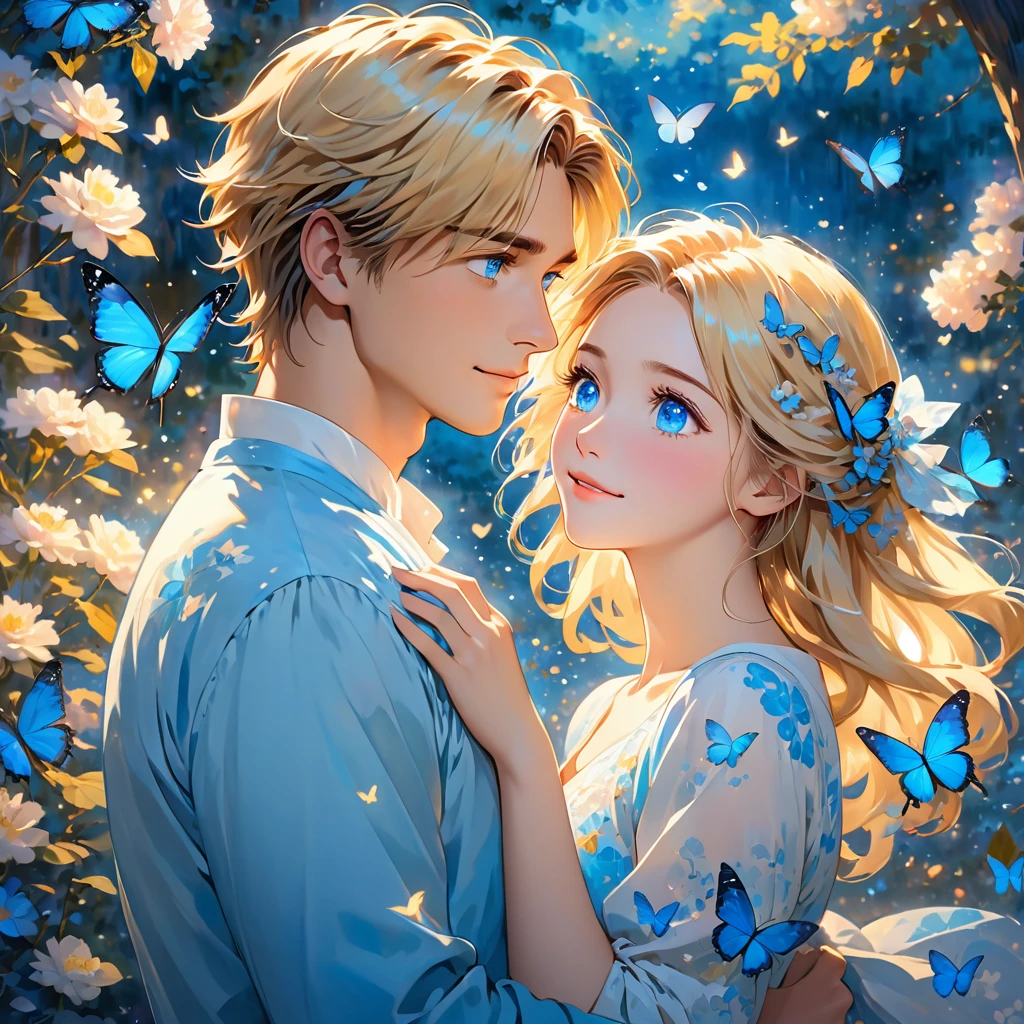 The image depicts an illustration of two animated characters, a young man and a young woman, in a close and intimate moment. The young man has short, tousled hair and is looking downwards with a gentle expression. The young woman, with long, flowing blonde hair and strikingly bright blue eyes, is gazing up at him adoringly. She has a blue butterfly perched on her hair, adding a touch of whimsy to the scene. The background features soft, glowing light and blurred elements, giving the image a dreamy and romantic atmosphere. The characters are highly detailed, with a focus on their facial expressions and the tender mood between them.