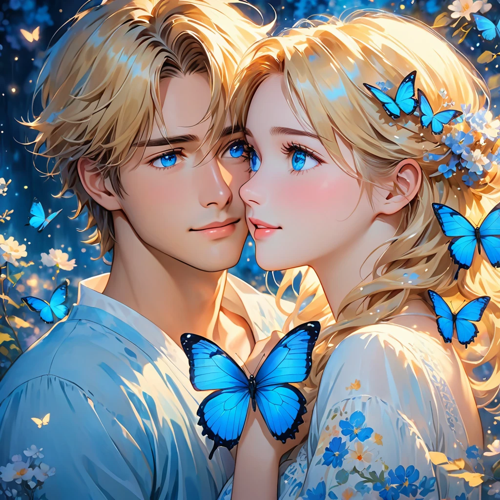 The image depicts an illustration of two animated characters, a young man and a young woman, in a close and intimate moment. The young man has short, tousled hair and is looking downwards with a gentle expression. The young woman, with long, flowing blonde hair and strikingly bright blue eyes, is gazing up at him adoringly. She has a blue butterfly perched on her hair, adding a touch of whimsy to the scene. The background features soft, glowing light and blurred elements, giving the image a dreamy and romantic atmosphere. The characters are highly detailed, with a focus on their facial expressions and the tender mood between them.