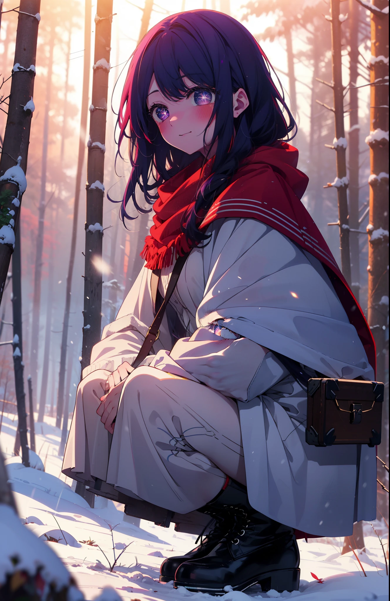 aihoshino, Ai Hoshino, Long Hair, bangs, (Purple eyes:1.1), Purple Hair, (Symbol-shaped pupil:1.5), smile,,smile,blush,white breath,
Open your mouth,snow,Ground bonfire, Outdoor, boots, snowing, From the side, wood, suitcase, Cape, Blurred, , forest, White handbag, nature, Squat, Mouth closed, Cape, winter, Written boundary depth, Black shoes, red Cape break looking at viewer, Upper Body, whole body, break Outdoor, forest, nature, break (masterpiece:1.2), Highest quality, High resolution, unity 8k wallpaper, (shape:0.8), (Beautiful and beautiful eyes:1.6), Highly detailed face, Perfect lighting, Highly detailed CG, (Perfect hands, Perfect Anatomy),