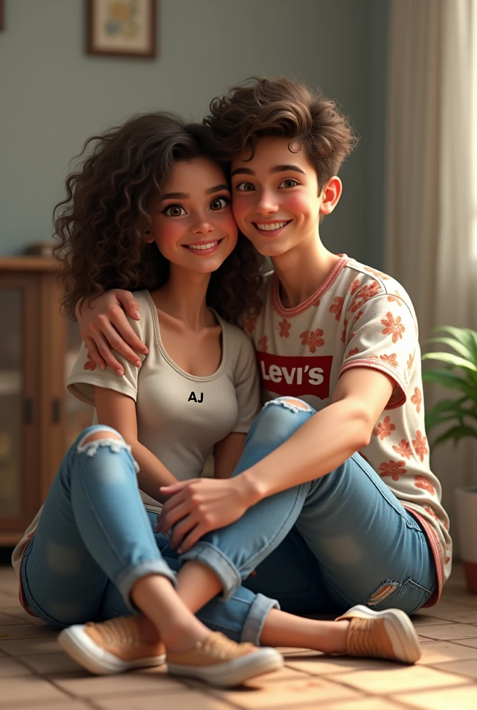 (photorealism:1.2),cute couple,boy age 21,girl age 18, sitting on the floor both,posing cutely,girl hair is some curly middle length,she is wearing fancy jeans nd top , written on top naisha,boy wearing half sleeve levis floral print shirt, written AJ,and in bottom pant,both are smiling and looking so cute, looking so real