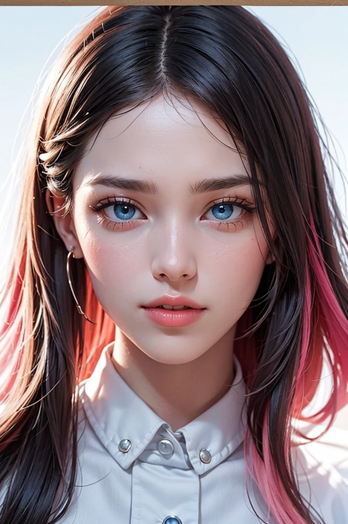 masterpiece, best quality,3d rending work,3DMM style, close-up, portrait, 3D,1girl, solo, perfect face, long hair, academy blue school uniform , long light blonde hair dyed with tint of pink color and with cute fluffy bangs well styled, hair dyed with pink color, detailed light blue eyes highlight light reflecting in her eyes, looking straight to the viewer, realistic, upper body, white background, colorful lighting, lips, edgy makeup, black shade of makeup on eyelids, ear piercing, fair skin, perfect hourglass body, she has sharp jawline, photo card, The artwork should have the best quality, with ultra-detailed and realistic features. The color palette should be vivid, and the lighting should emphasize the character's facial structure and expression.