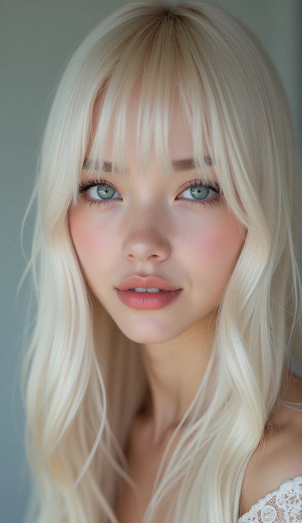 (Close-up:1.4)、(RAW shooting:1.2)、(Photorealistic:1.4)、(masterpiece:1.3)、(Highest quality:1.4)、Bright expression、Very beautiful girl、Extraordinary beautiful girl、A cute and beautiful face down to the last detail、Beautiful Bangs、Glowing White Skin、Facial hair、Bangs on the face、Bangs between the eyes、Super long hair、Glamorous light and dark platinum blonde super long straight silky hair、Beautiful bright transparent light blue big eyes that are charming and shining、Gorgeous dress、double eyelid、Ample breasts、Upper body、