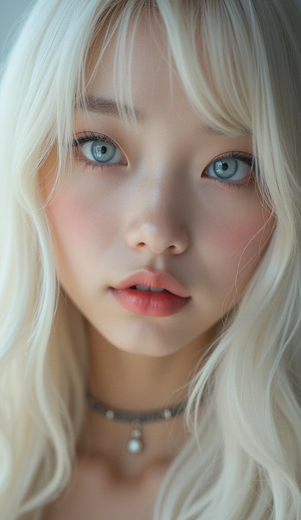 (Close-up:1.4)、(RAW shooting:1.2)、(Photorealistic:1.4)、(masterpiece:1.3)、(Highest quality:1.4)、Bright expression、Very beautiful girl、Extraordinary beautiful girl、A cute and beautiful face down to the last detail、Beautiful Bangs、Glowing White Skin、Facial hair、Bangs on the face、Bangs between the eyes、Super long hair、Glamorous light and dark platinum blonde super long straight silky hair、Beautiful bright transparent light blue big eyes that are charming and shining、Gorgeous dress、double eyelid、Ample breasts、Upper body、