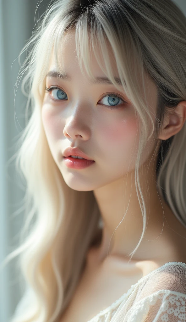 (Close-up:1.4)、(RAW shooting:1.2)、(Photorealistic:1.4)、(masterpiece:1.3)、(Highest quality:1.4)、Bright expression、Very beautiful girl、Extraordinary beautiful girl、A cute and beautiful face down to the last detail、Beautiful Bangs、Glowing White Skin、Facial hair、Bangs on the face、Bangs between the eyes、Super long hair、Glamorous light and dark platinum blonde super long straight silky hair、Beautiful bright transparent light blue big eyes that are charming and shining、Gorgeous dress、double eyelid、Ample breasts、Upper body、