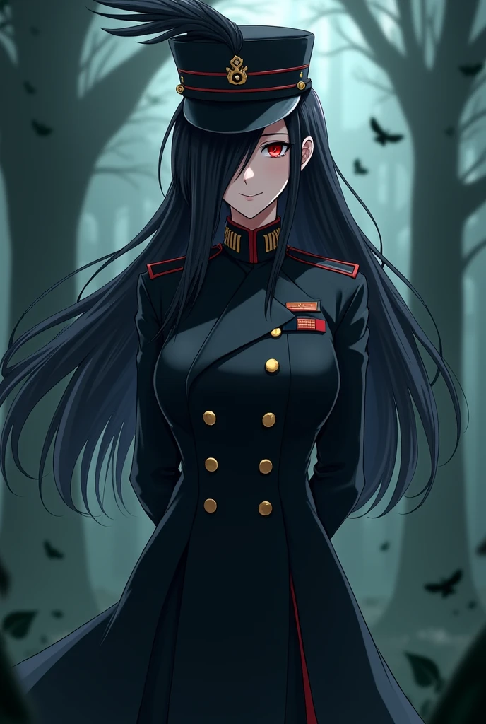 uniform、Long coat、Long Black Hair、Red eyes、Military hat、The hat covers one eye、Anime Style、woman、20-year-old、Too much exposure、The background is the forest、Colonel-level rank、Suspicious Smile、Large black crow-like feathers、my hands are clasped behind my back