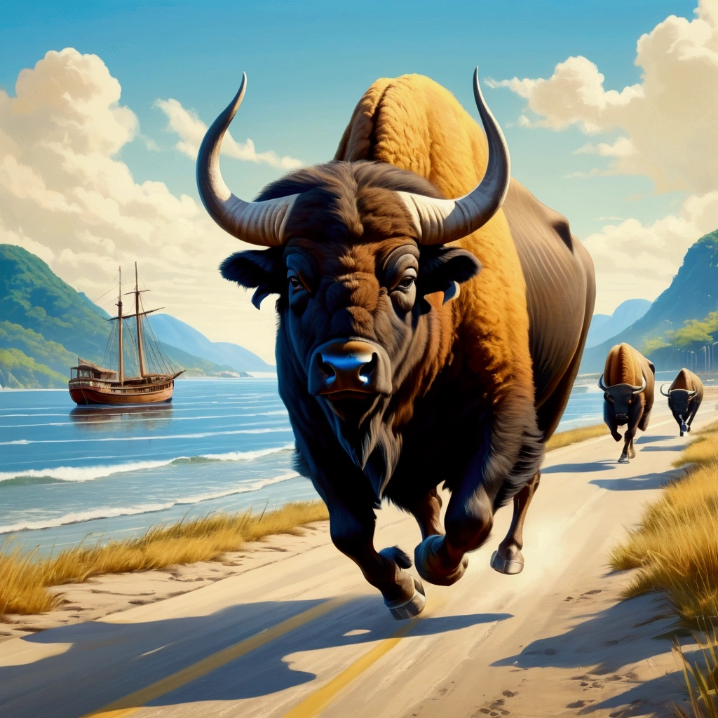 Running along the seaside1Buffalo、It has horns、Old photo style painting、Highest quality, High detail, High-resolution model, Concentrated line, far and near method, Anatomically correct, View landscape, american style propaganda poster,