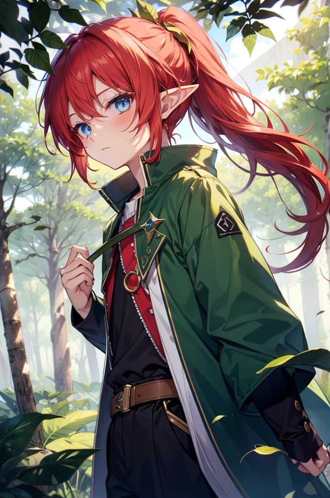 Elf , Red hair,individual, blue eyes, ponytail, pointy-eared, woods, cartoon, 1boy, Druid,leaf clothes