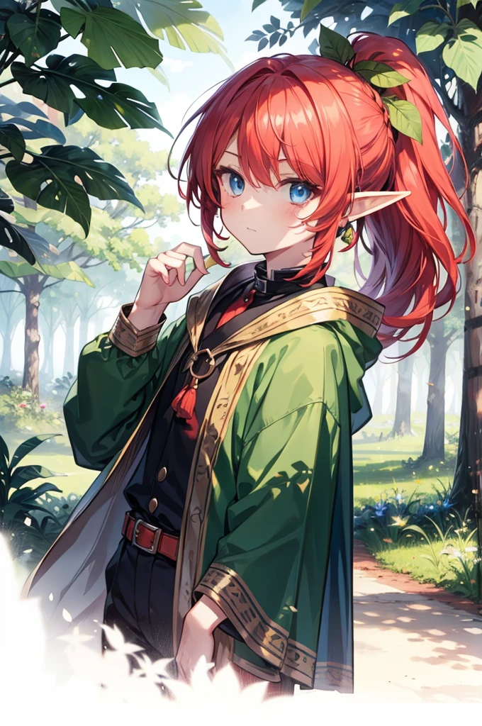 Elf , Red hair,individual, blue eyes, ponytail, pointy-eared, woods, cartoon, 1boy, Druid,leaf clothes