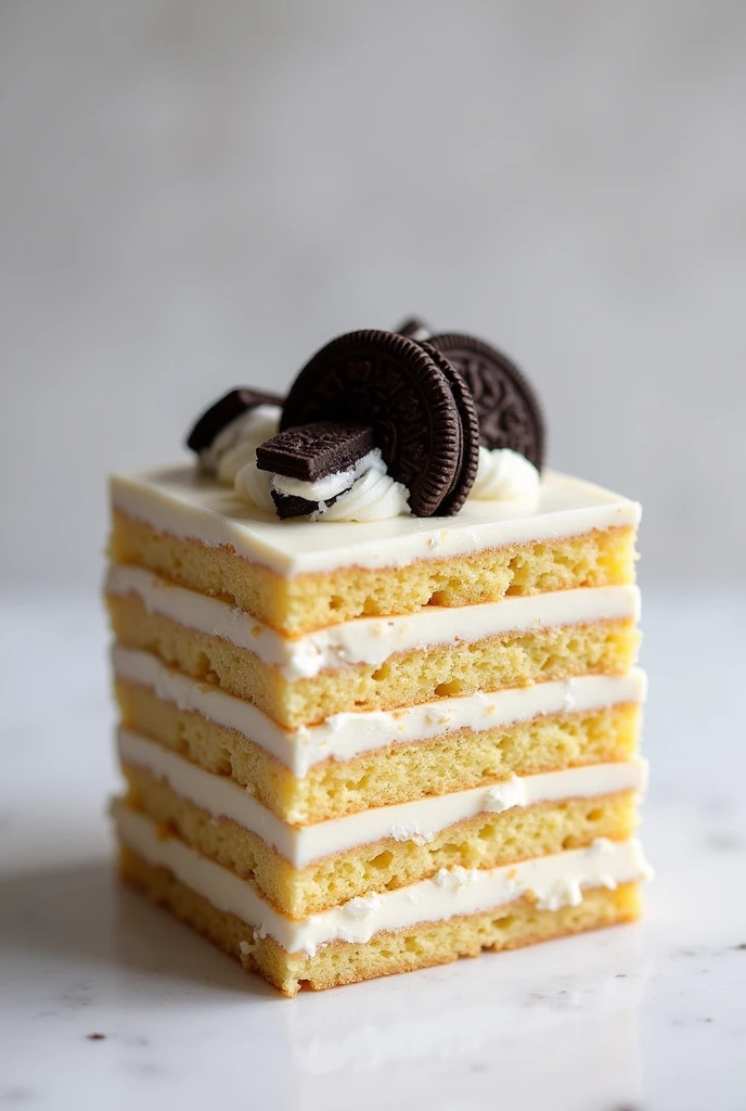 Generate image of 250ml square pot cake, first layer from bottom to top of sponge cake, second layer white brigadeiro filling with some Oreo pieces, 3 layer of sponge cake, 4 layer with white brigadeiro, on top of this last one an Oreo cookie lying on the layer inside the pot.
Thin and uniform layers. Seeking to resemble what the Brazilian market is accustomed to