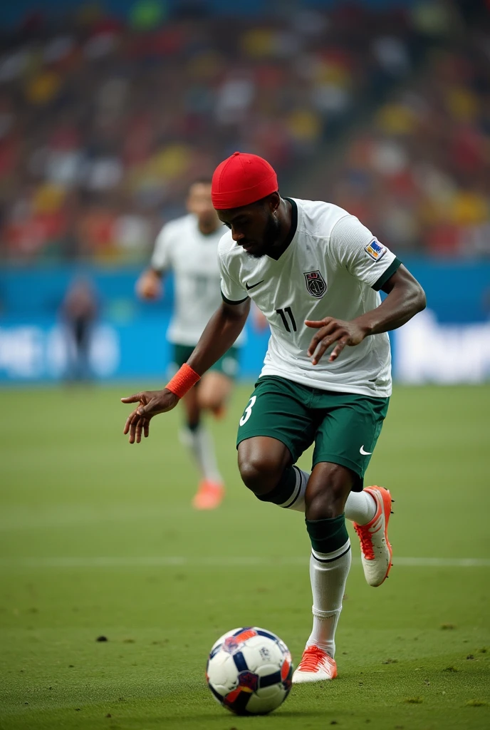 A dark-skinned player,brazileiro, futsal goalkeeper, with a red cap and a white coat defending a shot on goal