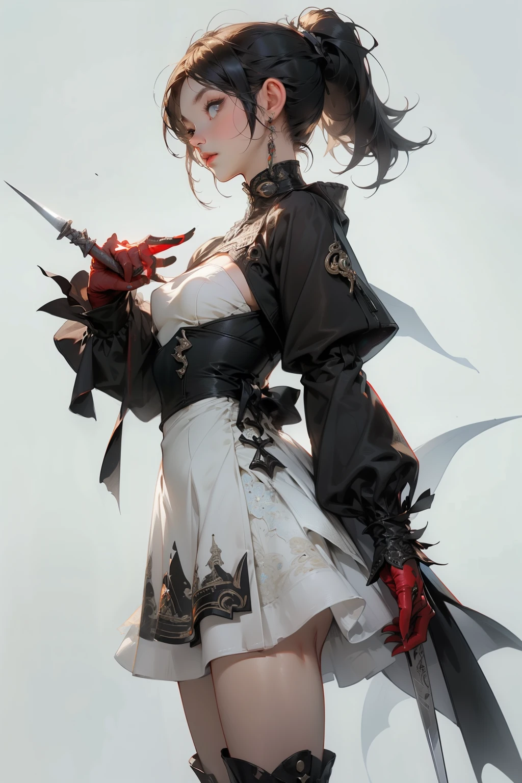 (((masterpiece, of the highest quality, super detailed))), (digital art), (a witch belonging to an occult order of knights), (a knight crossed with a witch), Victorian era inspired, ((minimal but intricate beautiful armour)), (Fluttering lace flared dress with frilly petticoats), ((Bloodbourne inspired)), ((Bloodbourne crossed with nier automata)), (big forhead:1.2), (((dark hair, ponytail, thick ponytail, heavy ponytail))), (((Very sharp focused eyes))), ((small breasts)), very long eyelashes, occult aesthetic, (red and white clothing detailed and intricate steampunk and detailed gothic), (with a hood), complex lace boots,