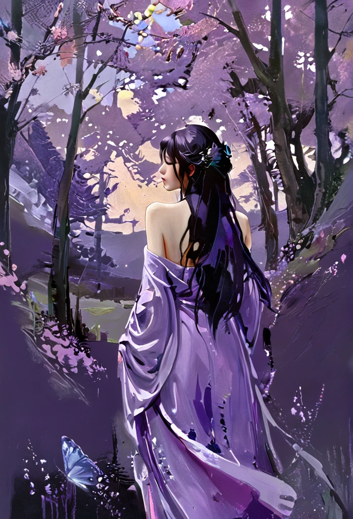 (masterpiece, top quality, best quality, official art, beautiful, cosmic, atmospheric, psychedelic, dreamlike and aesthetic:1.2), (1girl, hinata huyga long roxo hair, empty eyes, Purple eyes natural breasts , full body portrait), extreme detailed,(fractal art, camera view from behind:1.3),colorful,highest detailed, cherry blossoms and butterflies blowing in the wind, oil painting, dark, chiaroscuro, low-key 