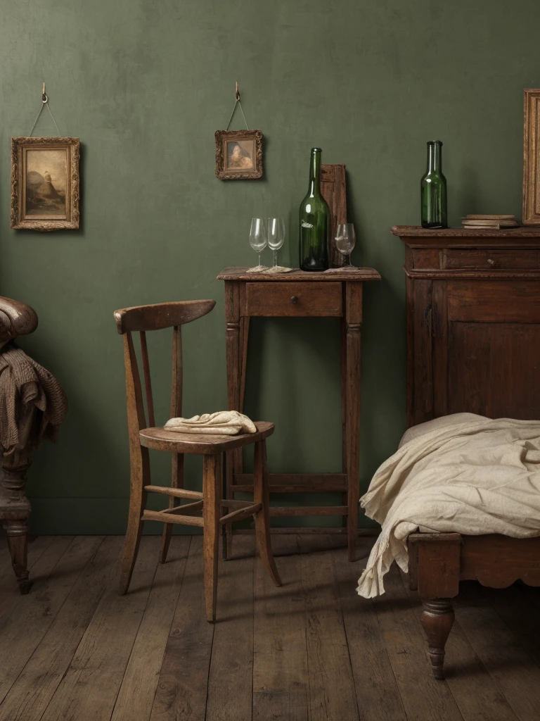 realistic picture,early 19th century,in Europe,room,green wine bottle, [angel] portraits hung,brown wood floor