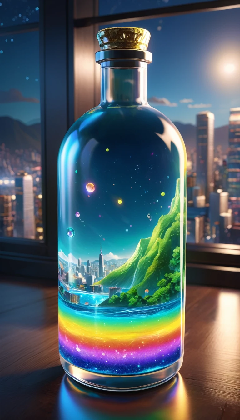 (masterpiece, Highest quality, Very detailed:1.2, Realistic, super photoRealistic, Realistic illustration, 8k), Professional Color Grading, Sharp focus, Professional Lighting, Depth of written boundary, ((landscape)), ((Science fiction movies)), ((Concept Art)) Bottle close-up, A rainbow-coloured world in a bottle、Glitter and shine、City in a glass bottle, filling glass bottle with the sparkling 星が輝く夜 and city, filling glass bottle with the 日没 view, Many glass bottles on the shelf, The shelves are kept in the house, 16K, Ultra-high resolution, Ultra-high resolution, to be born,wonderful ,future、Iridescent、The world 30 years from now。
