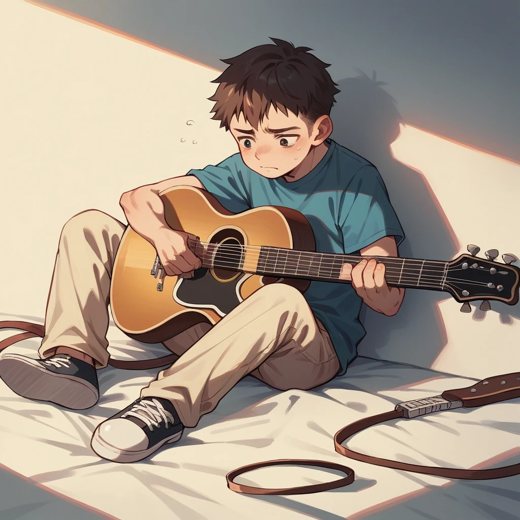 young boy playing guitar in fornt of sunset sad and backgrount should be in natural are in himilyans